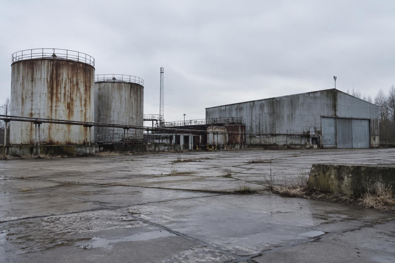Dépôt d'hydrocarbures désaffecté avec cuves de stockage rouillées sur une dalle béton